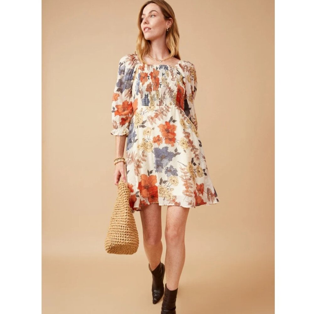 NWT Hayden Multi Color Floral Cinch Bust 3/4 Sleeve Babydoll Dress Size M